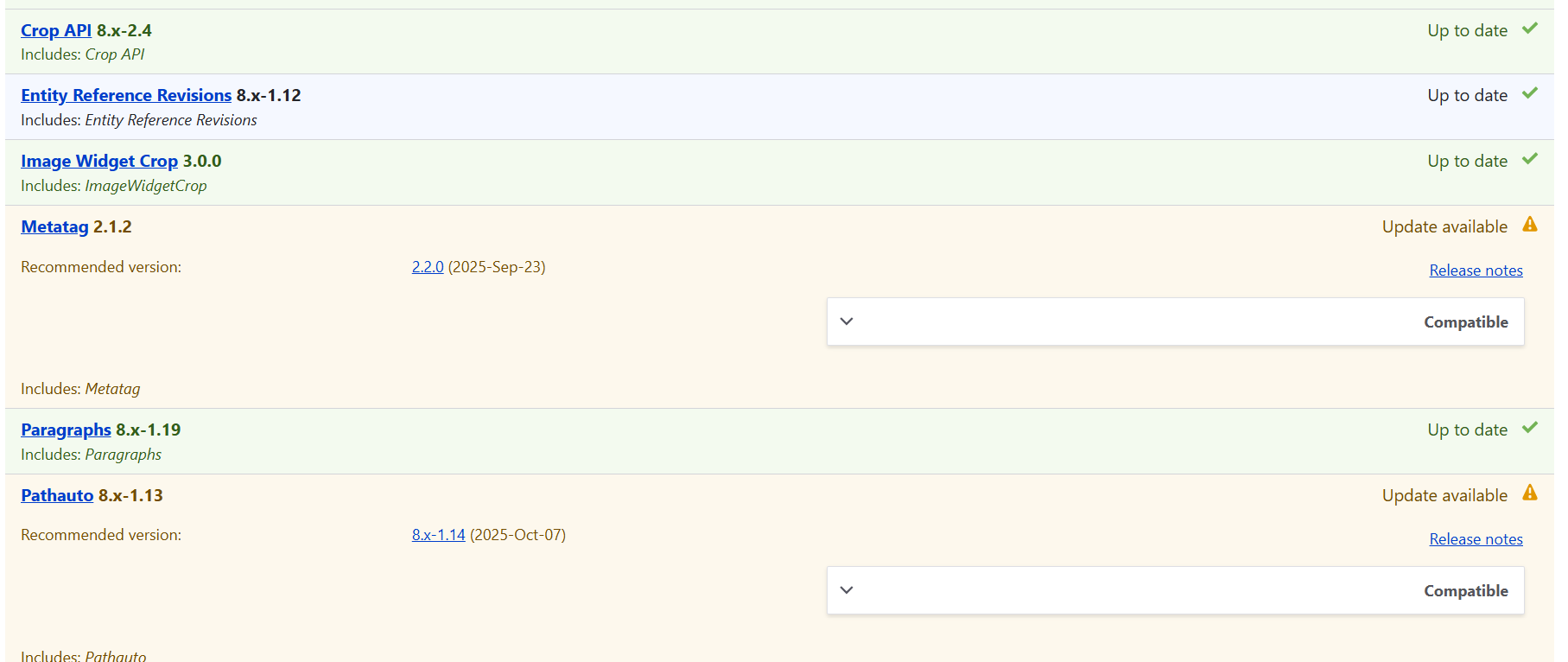 Liste des modules Drupal avec les mises à jours à effectuer