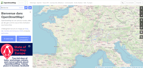 Page d'accueuil du site de OpenStreetMap