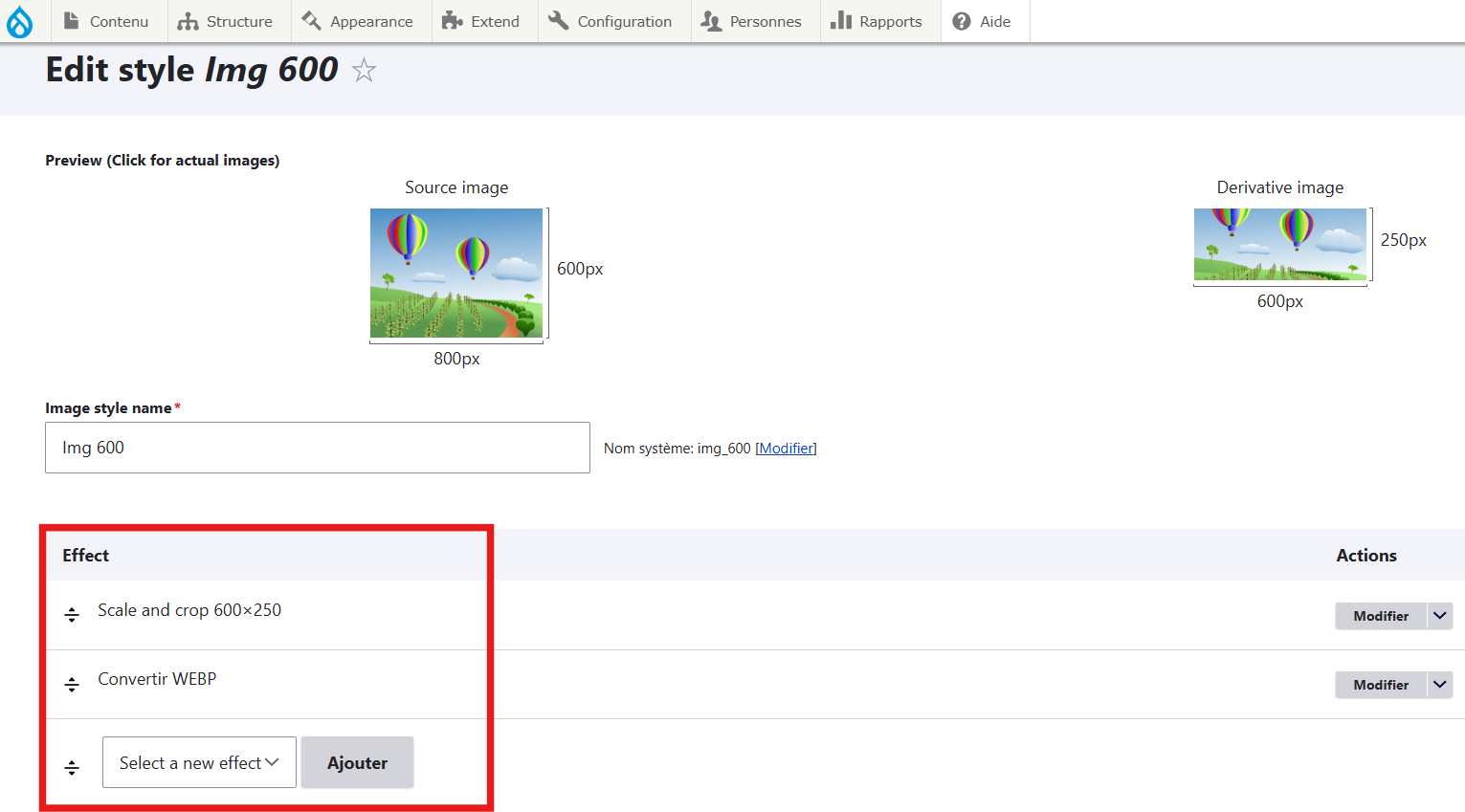 Exemple d'écran avec la configuration appliqué à une image correspondant à une création de style d'image dans Drupal