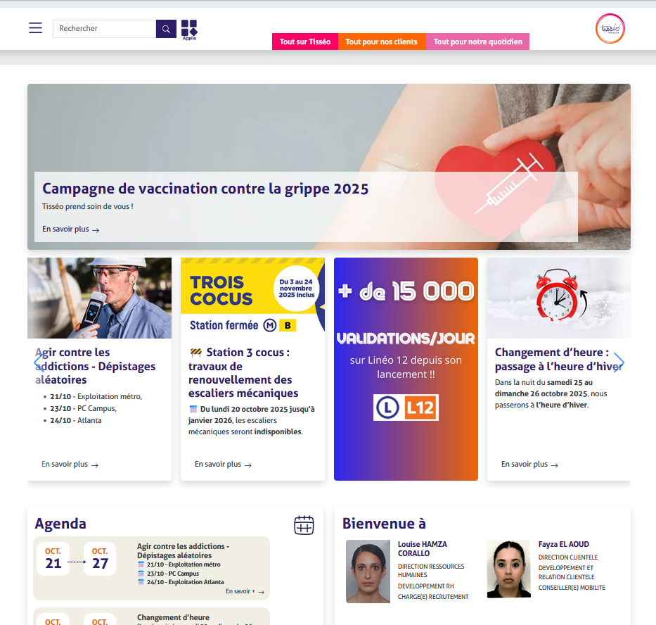 Page d'accueil de l'intranet Tisséo